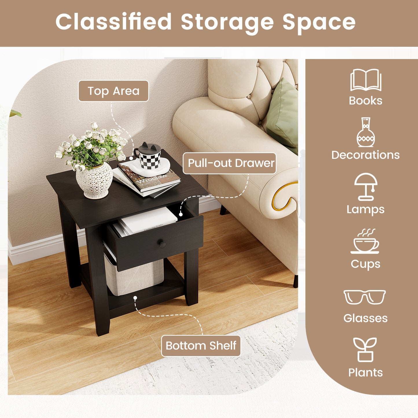 Set of 2 Nightstand with Drawer 3-Tier Modern Bedside Table with Open Shelf and Storage-Black