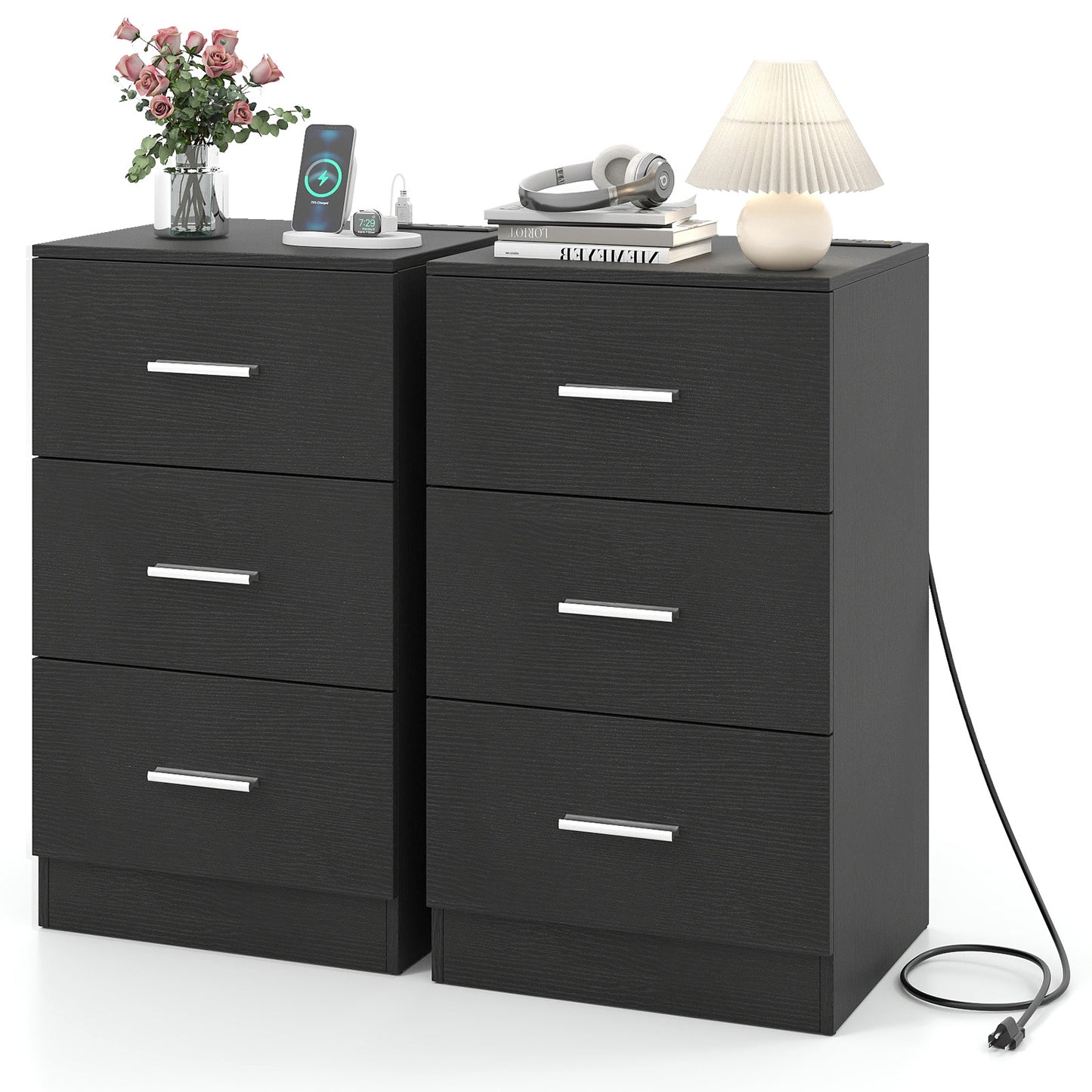Set of 2 Nightstand with Charging Station End Table with 3 Storage Drawers Bedside Table for Bedroom-Black