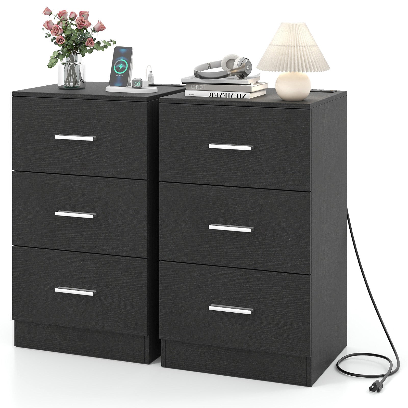 Set of 2 Nightstand with Charging Station End Table with 3 Storage Drawers Bedside Table for Bedroom-Black