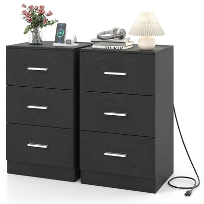 Set of 2 Nightstand with Charging Station End Table with 3 Storage Drawers Bedside Table for Bedroom-Black