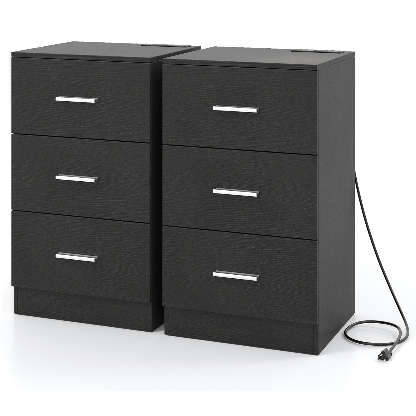 Set of 2 Nightstand with Charging Station End Table with 3 Storage Drawers Bedside Table for Bedroom-Black
