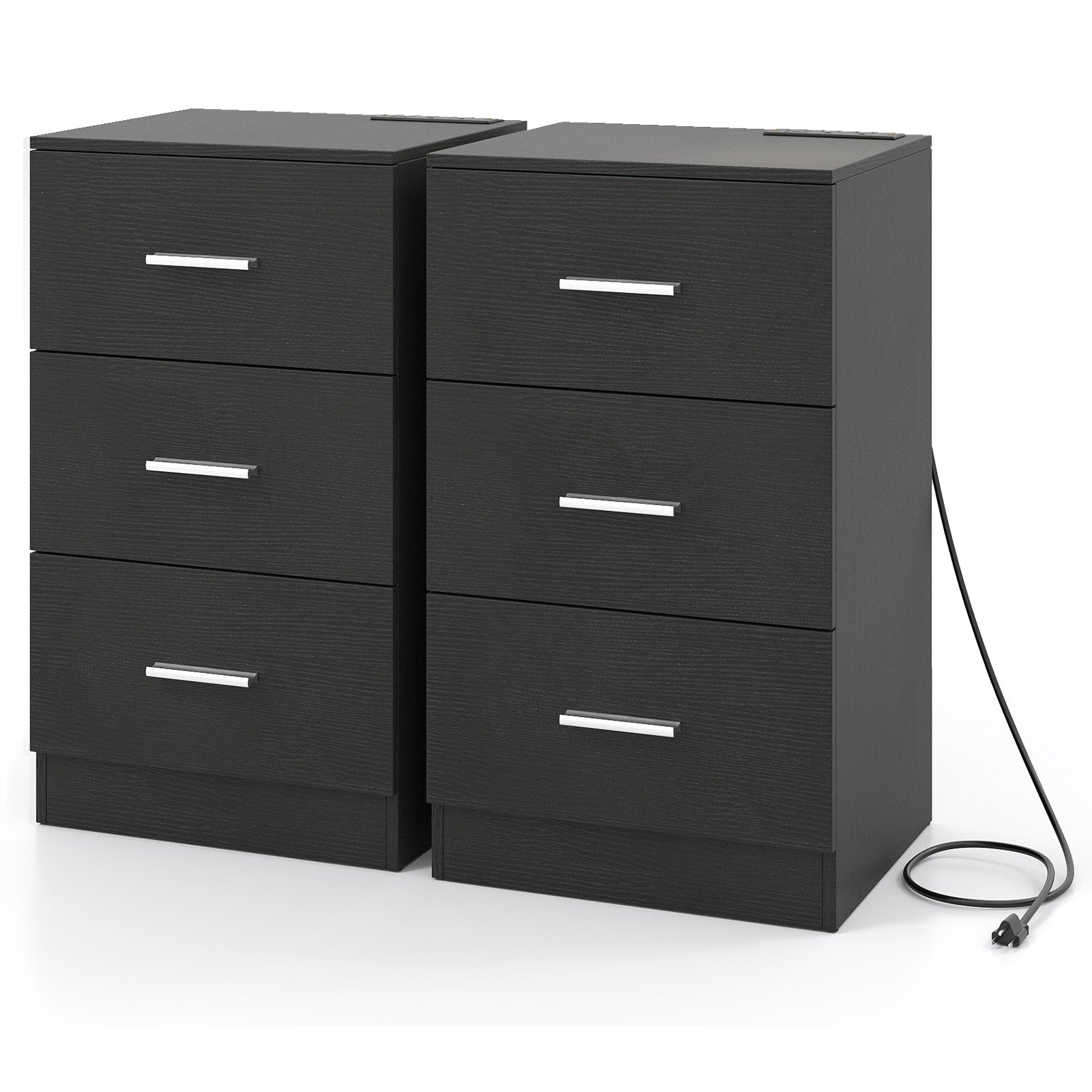 Set of 2 Nightstand with Charging Station End Table with 3 Storage Drawers Bedside Table for Bedroom-Black