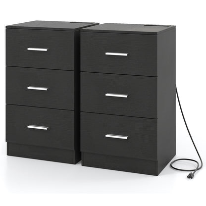 Set of 2 Nightstand with Charging Station End Table with 3 Storage Drawers Bedside Table for Bedroom-Black