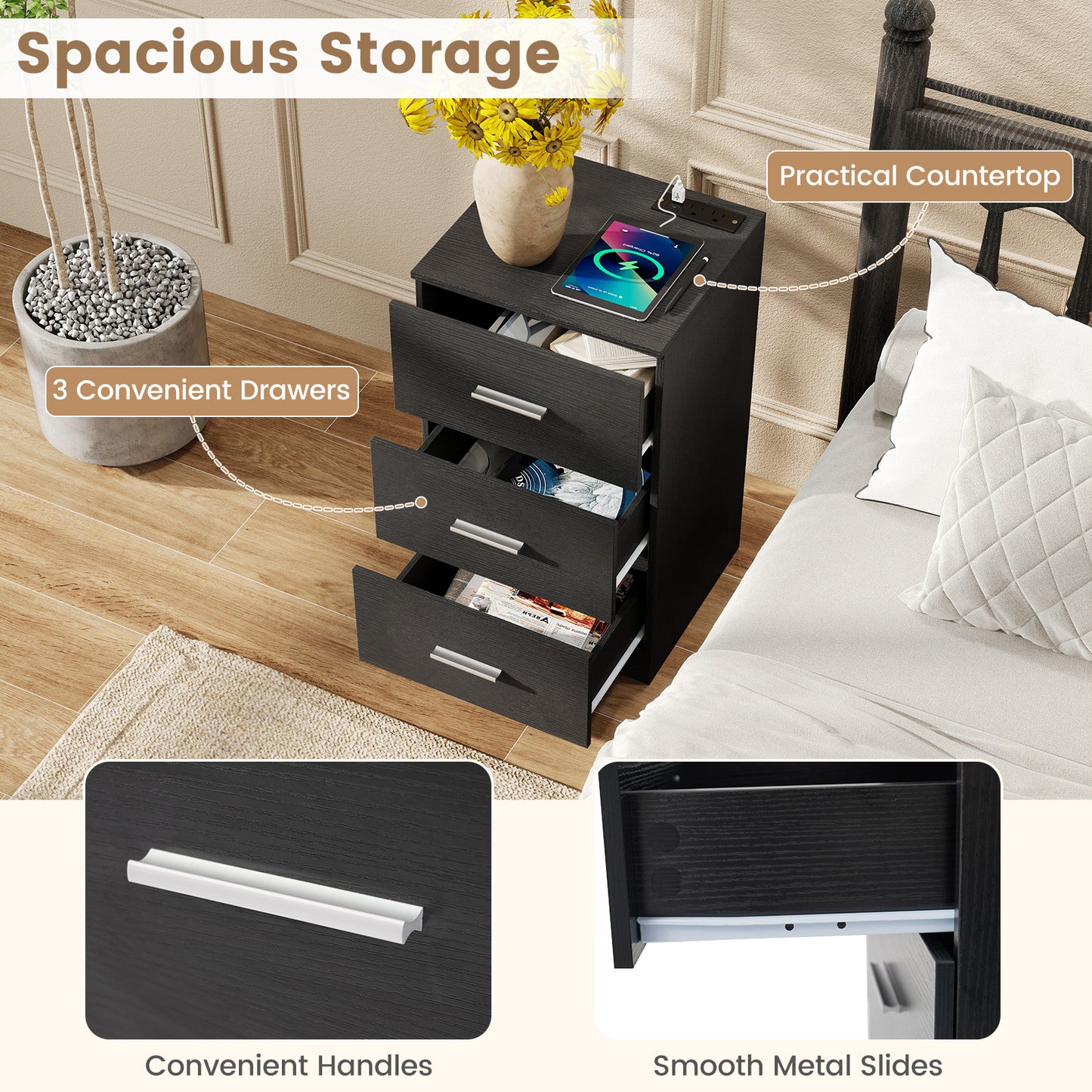 Set of 2 Nightstand with Charging Station End Table with 3 Storage Drawers Bedside Table for Bedroom-Black