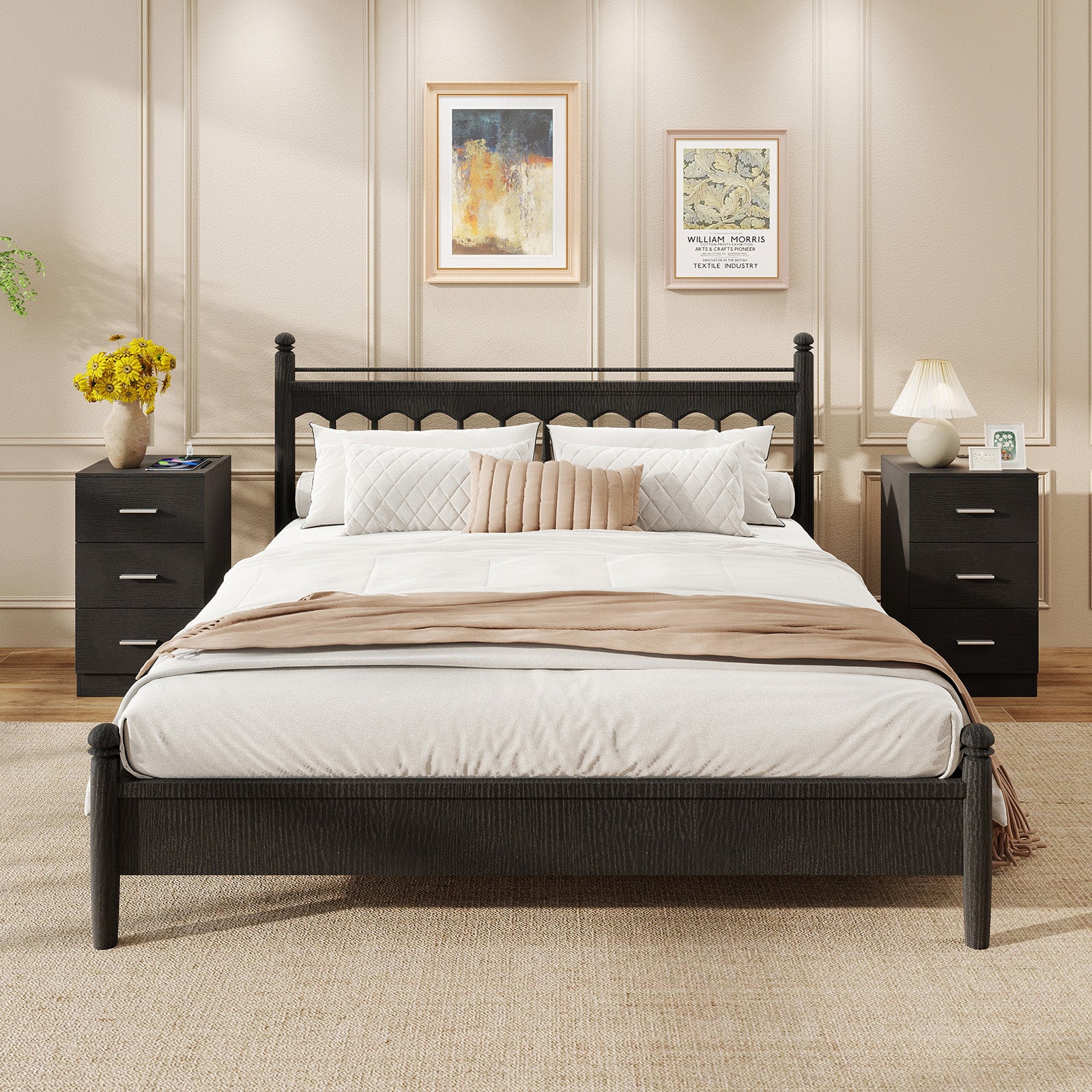 Set of 2 Nightstand with Charging Station End Table with 3 Storage Drawers Bedside Table for Bedroom-Black