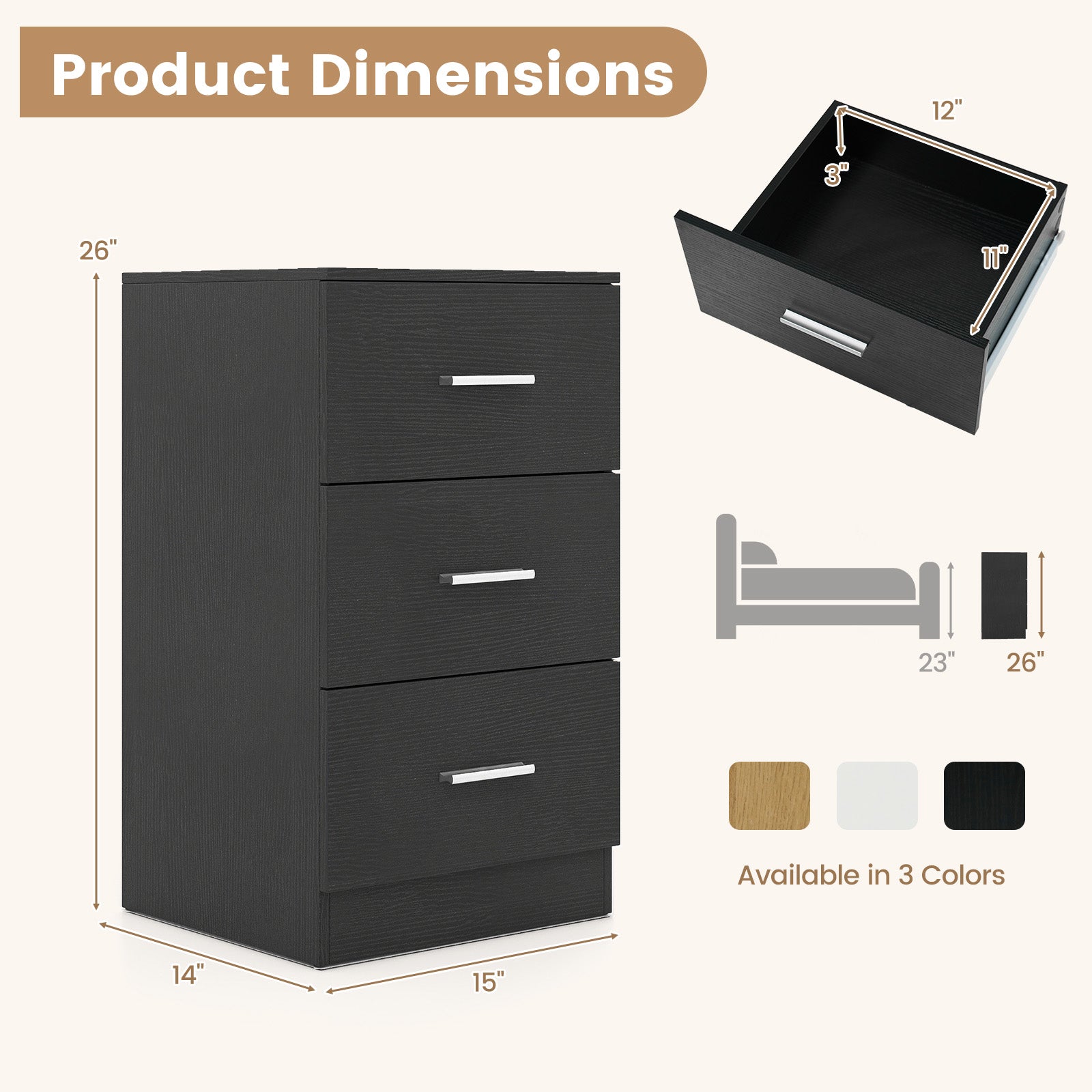 Set of 2 Nightstand with Charging Station End Table with 3 Storage Drawers Bedside Table for Bedroom-Black