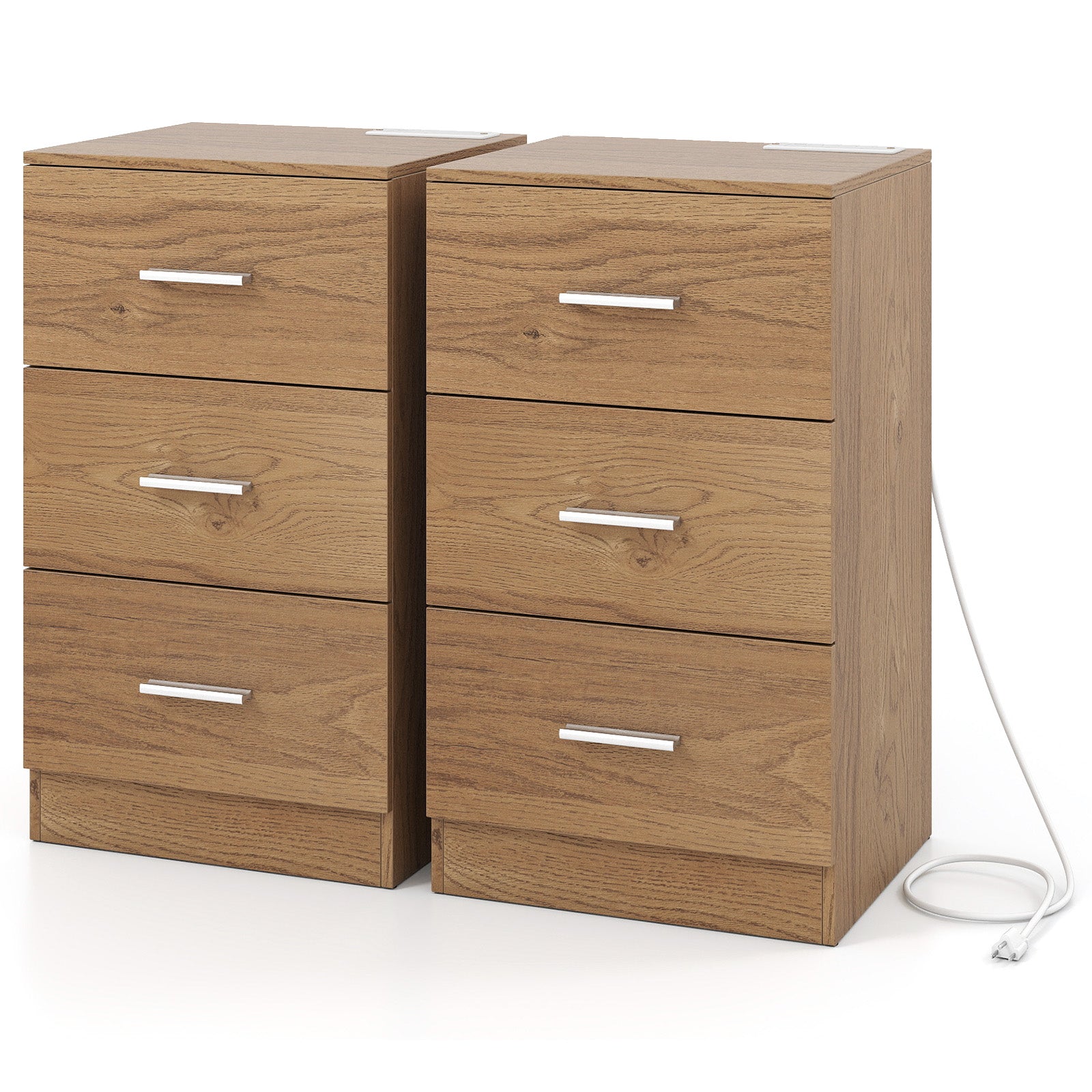 Set of 2 Nightstand with Charging Station End Table with 3 Storage Drawers Bedside Table for Bedroom-Natural