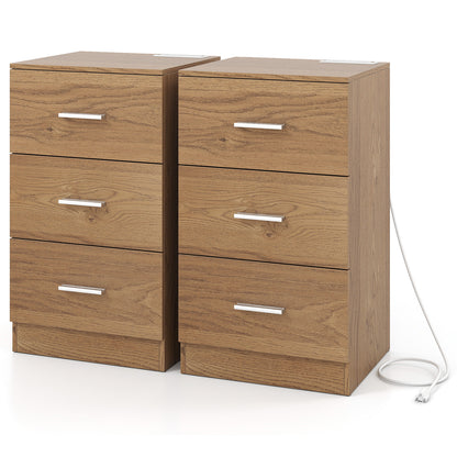 Set of 2 Nightstand with Charging Station End Table with 3 Storage Drawers Bedside Table for Bedroom-Natural