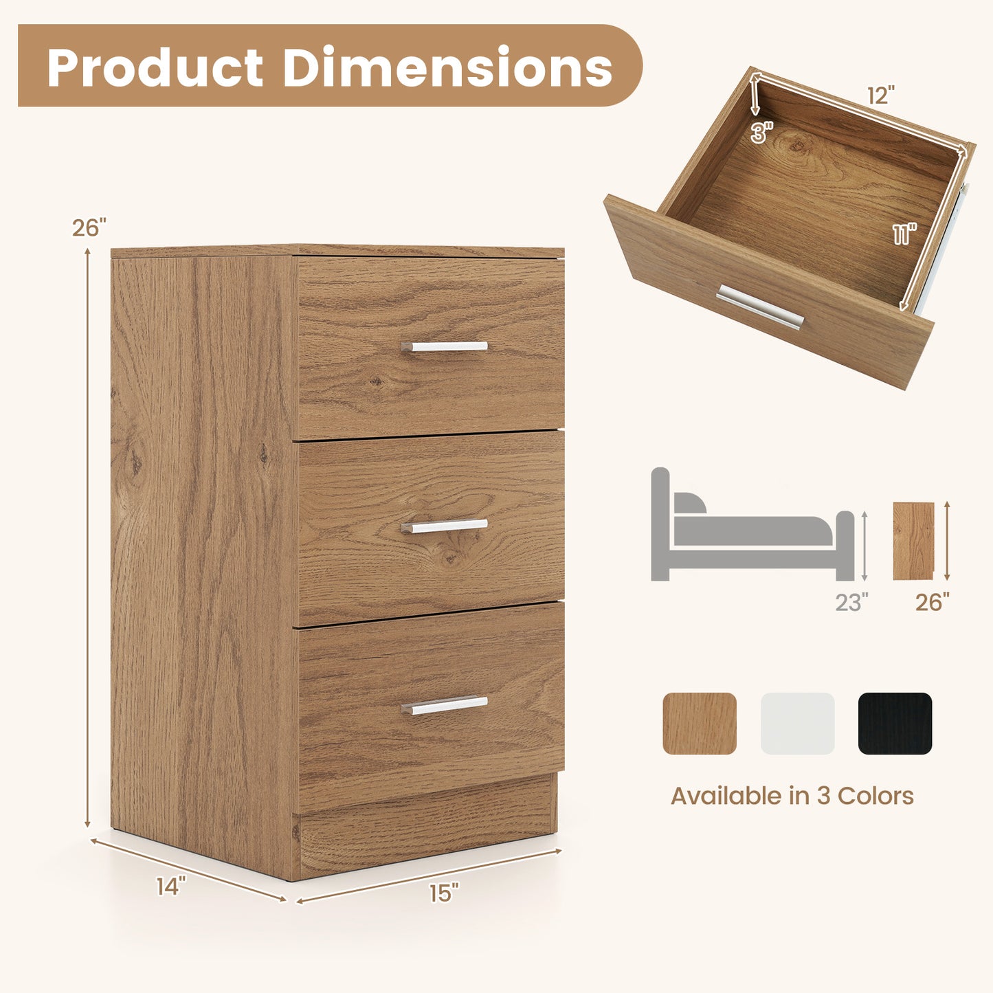 Set of 2 Nightstand with Charging Station End Table with 3 Storage Drawers Bedside Table for Bedroom-Natural