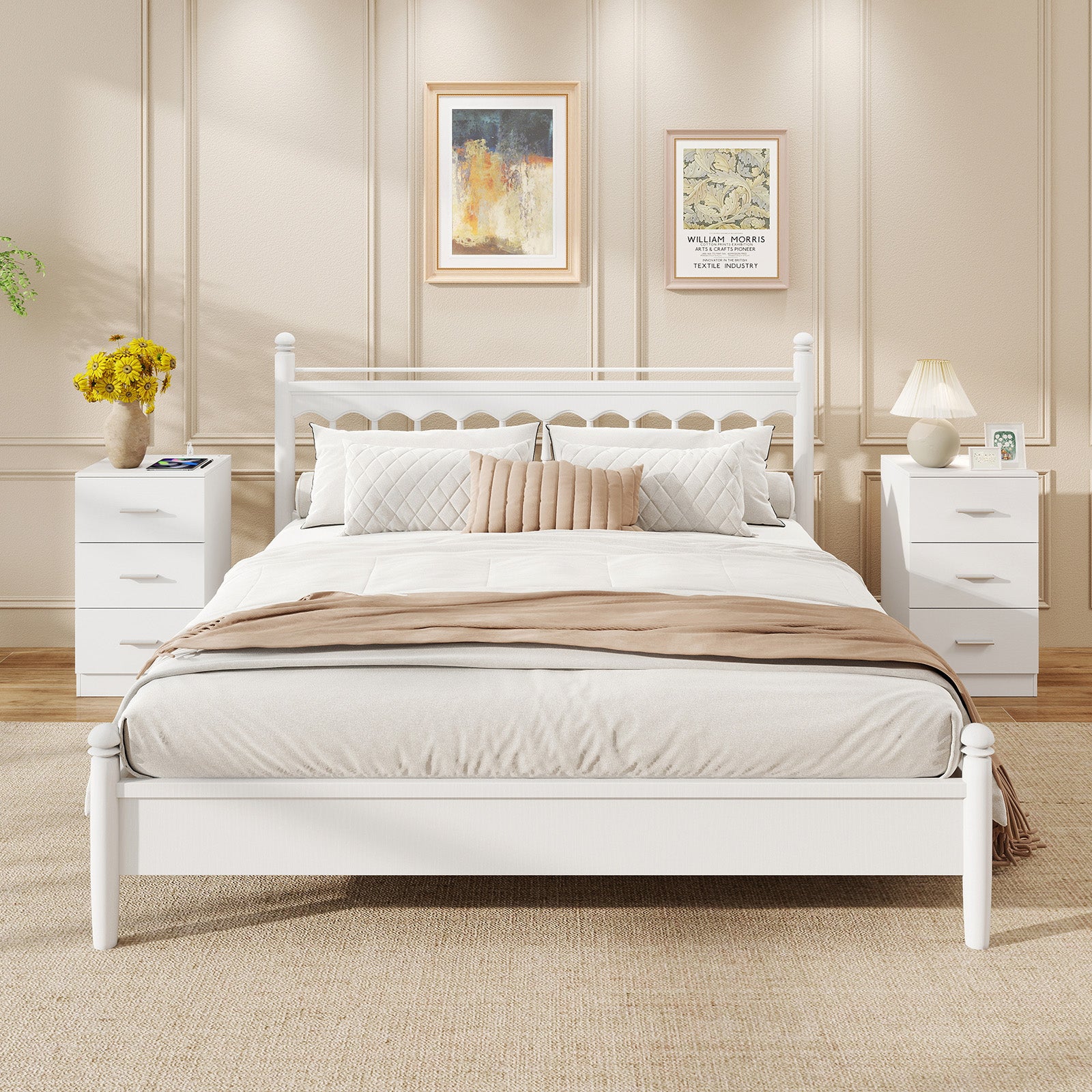 Set of 2 Nightstand with Charging Station End Table with 3 Storage Drawers Bedside Table for Bedroom-White