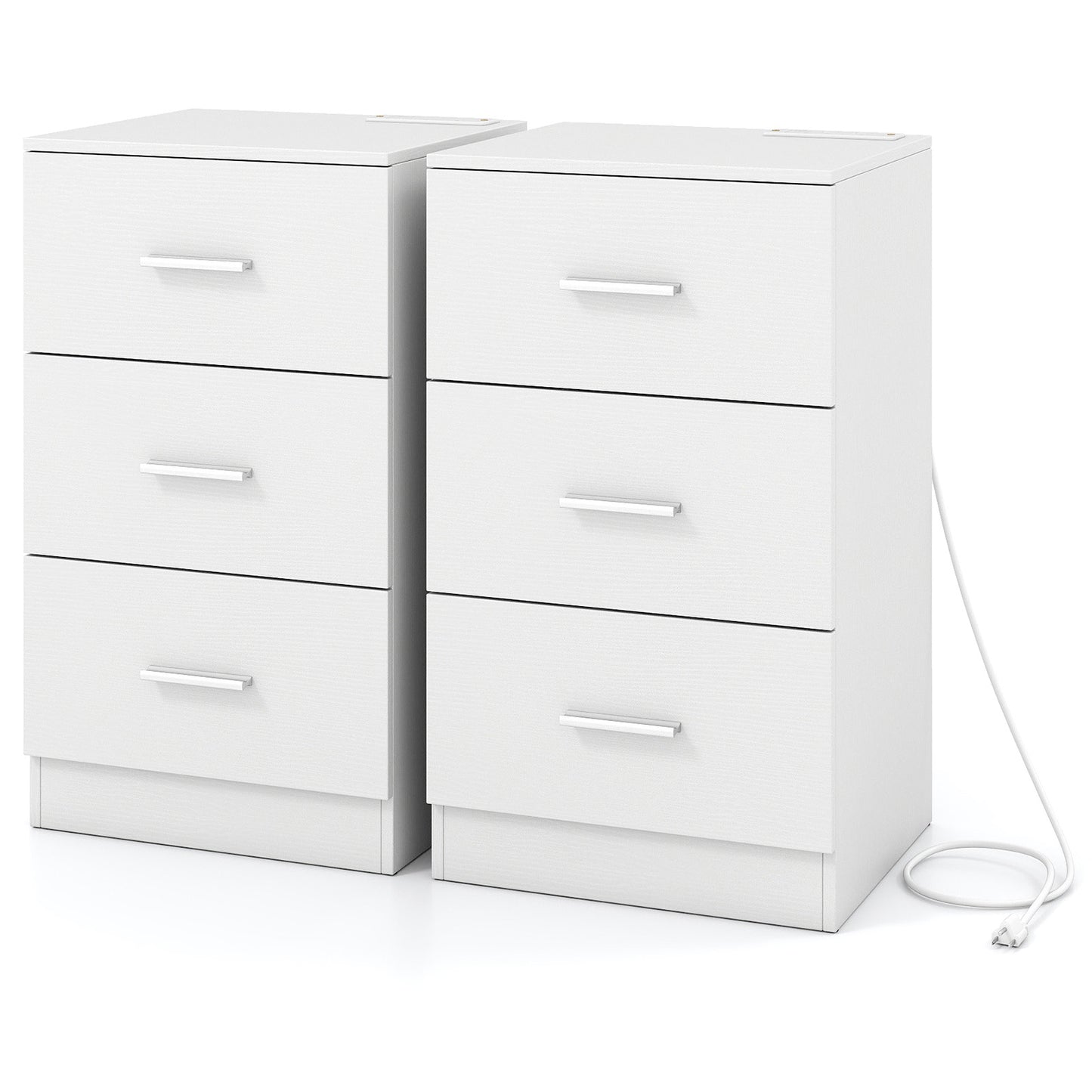 Set of 2 Nightstand with Charging Station End Table with 3 Storage Drawers Bedside Table for Bedroom-White