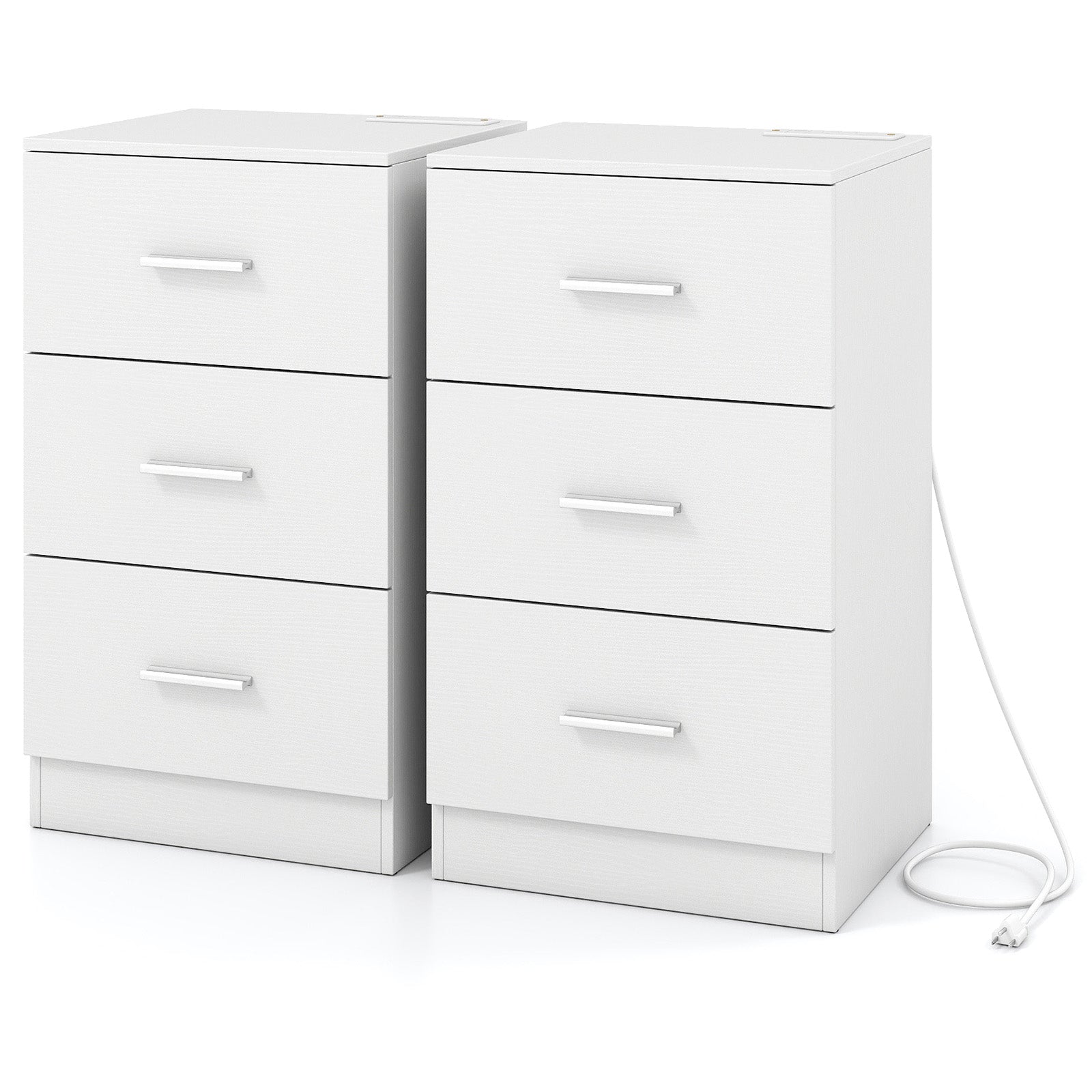 Set of 2 Nightstand with Charging Station End Table with 3 Storage Drawers Bedside Table for Bedroom-White