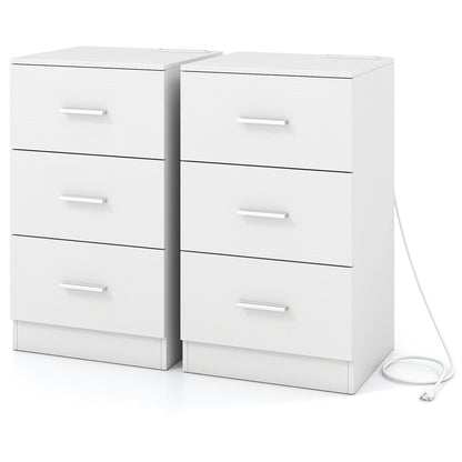 Set of 2 Nightstand with Charging Station End Table with 3 Storage Drawers Bedside Table for Bedroom-White