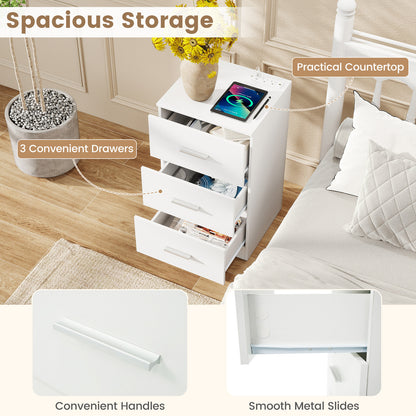 Set of 2 Nightstand with Charging Station End Table with 3 Storage Drawers Bedside Table for Bedroom-White