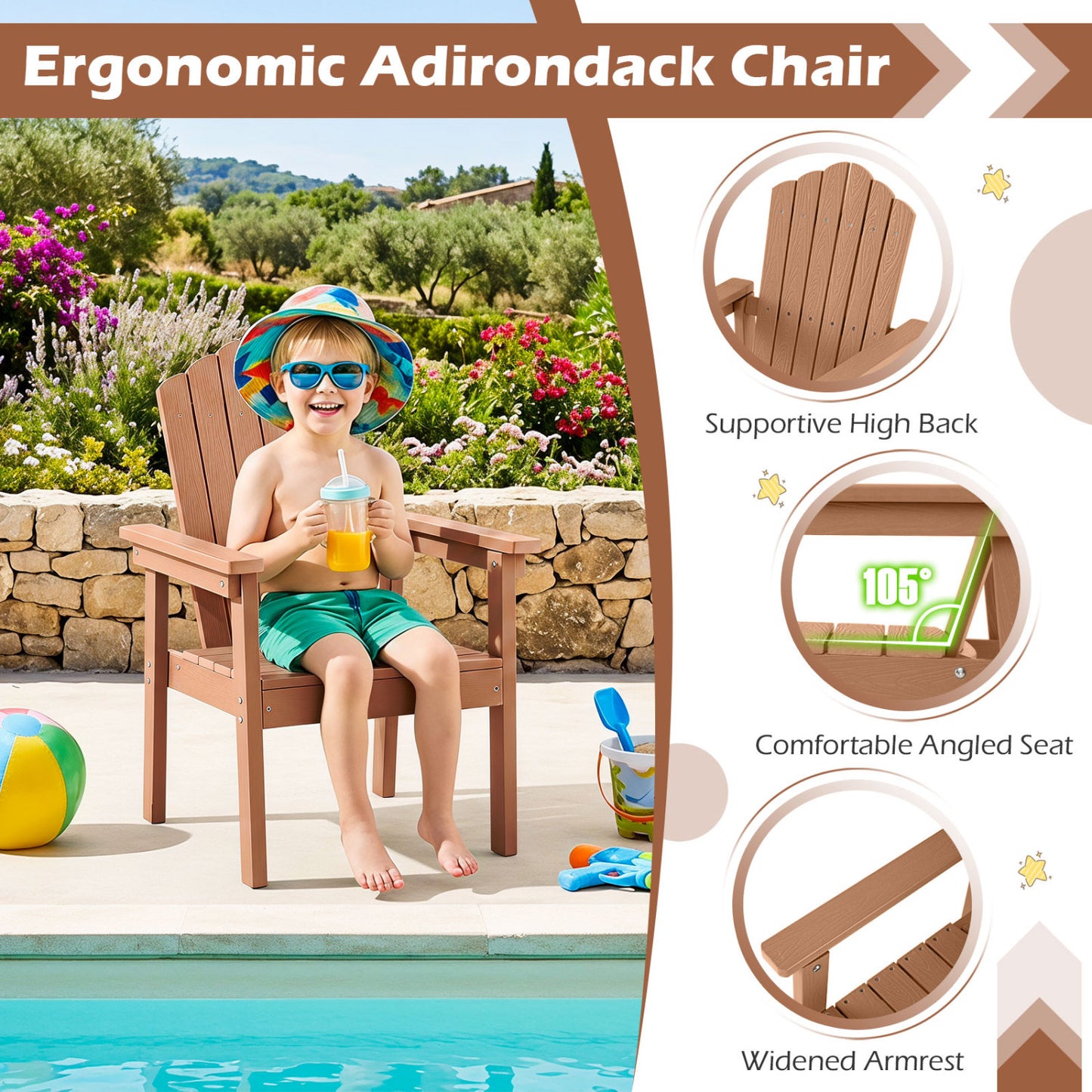 Adirondack Chairs Set of 2 with High Backrest - Brown