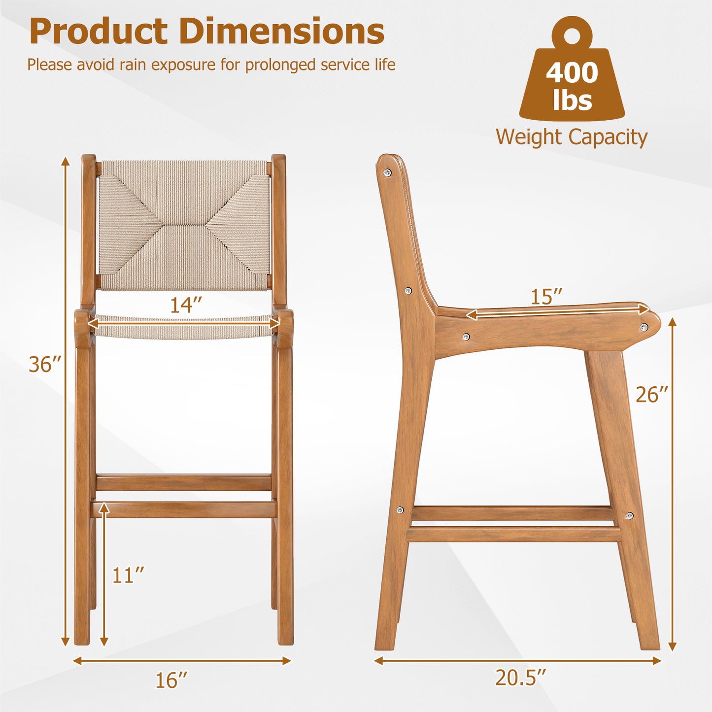 Set of 2 Outdoor Counter Height Bar Stool Woven Paper Rope Patio Barstool with Teak Wood Frame