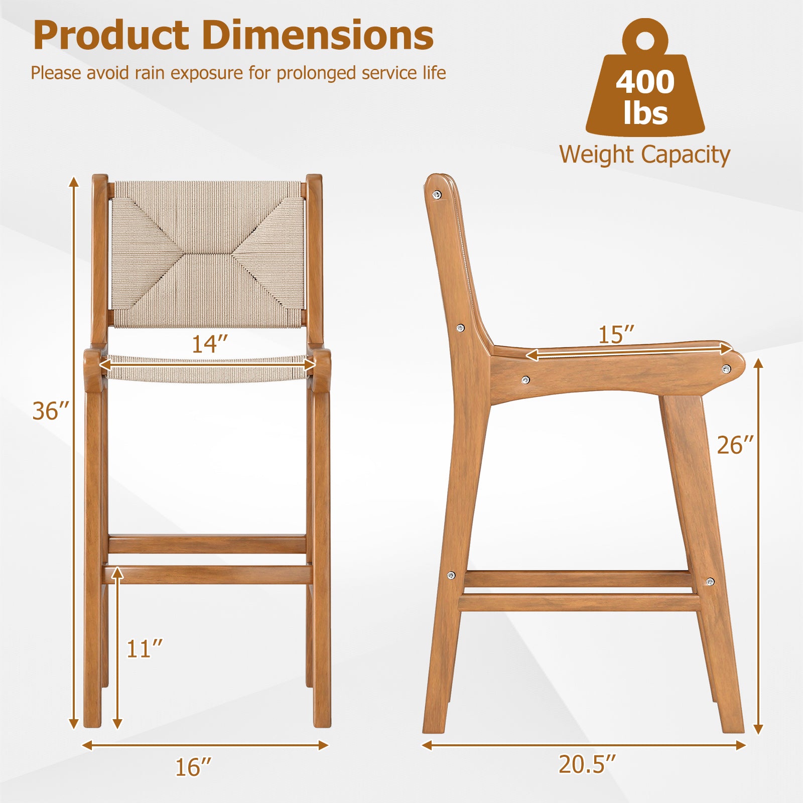Set of 2 Outdoor Counter Height Bar Stool Woven Paper Rope Patio Barstool with Teak Wood Frame