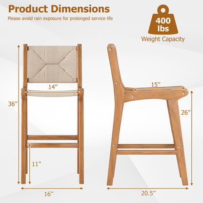 Set of 2 Outdoor Counter Height Bar Stool Woven Paper Rope Patio Barstool with Teak Wood Frame