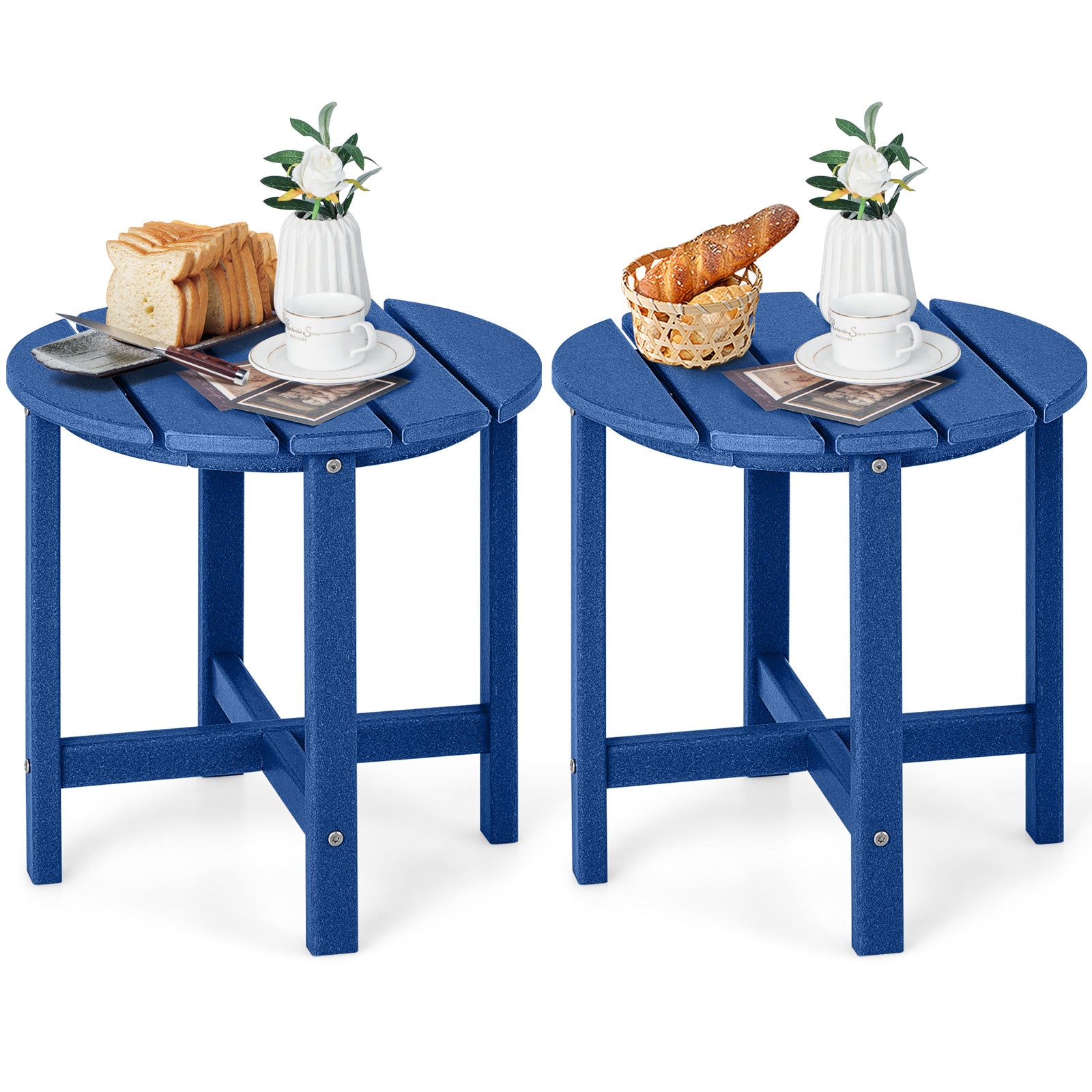 Set of 2 18 Inch Round Weather-Resistant Adirondack Side Tables-White - Navy