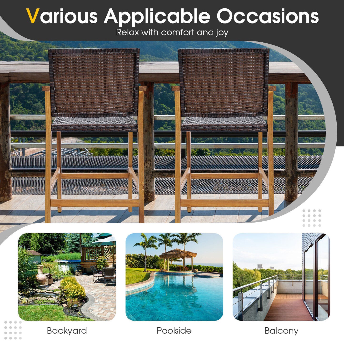 Set of 2 PE Wicker Patio Bar Chairs with Acacia Wood Armrests-Set of 2