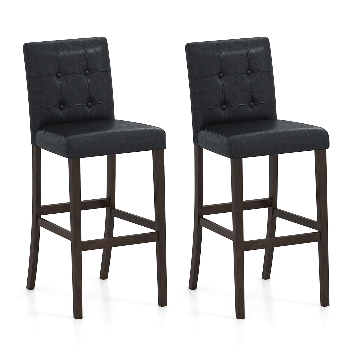 Set of 2 PVC Dining Leather Bar Stools with Solid Wood Legs-29 inches - 29 Inches