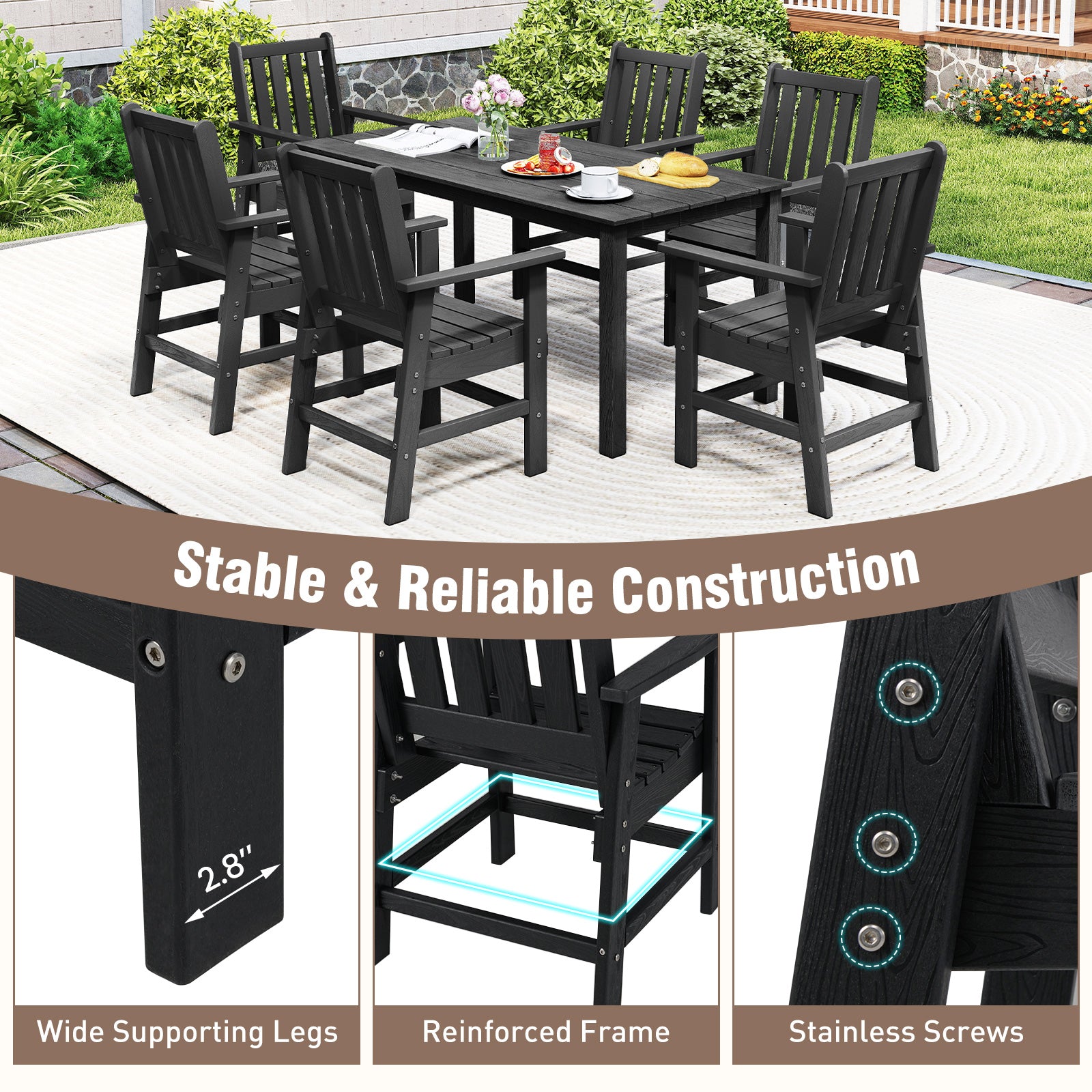 Set of 2 Patio Dining Chairs with Wide Armrests-Black