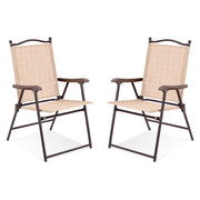 Set of 2 Patio Folding Sling Back Camping Deck Chairs-Beige