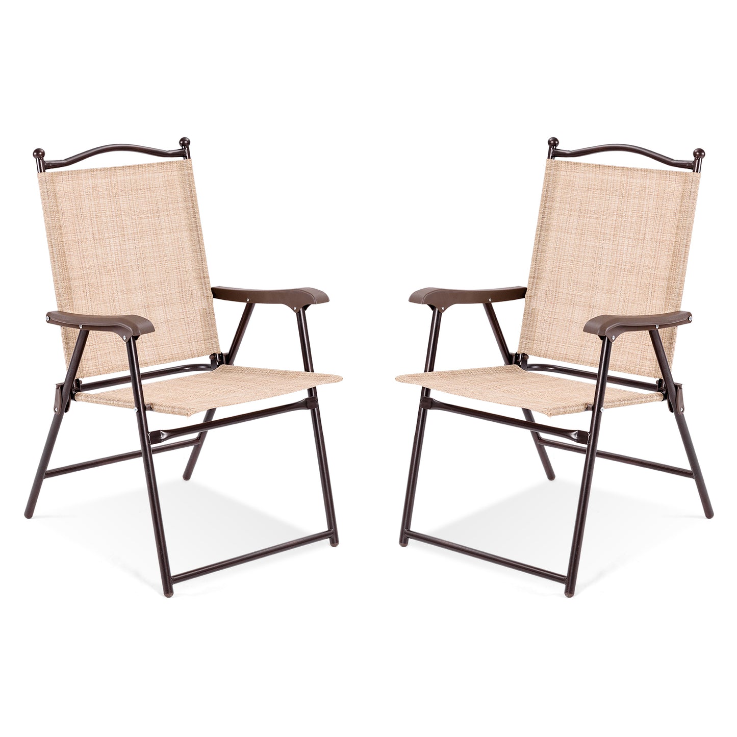 Set of 2 Patio Folding Sling Back Camping Deck Chairs-Black - Beige