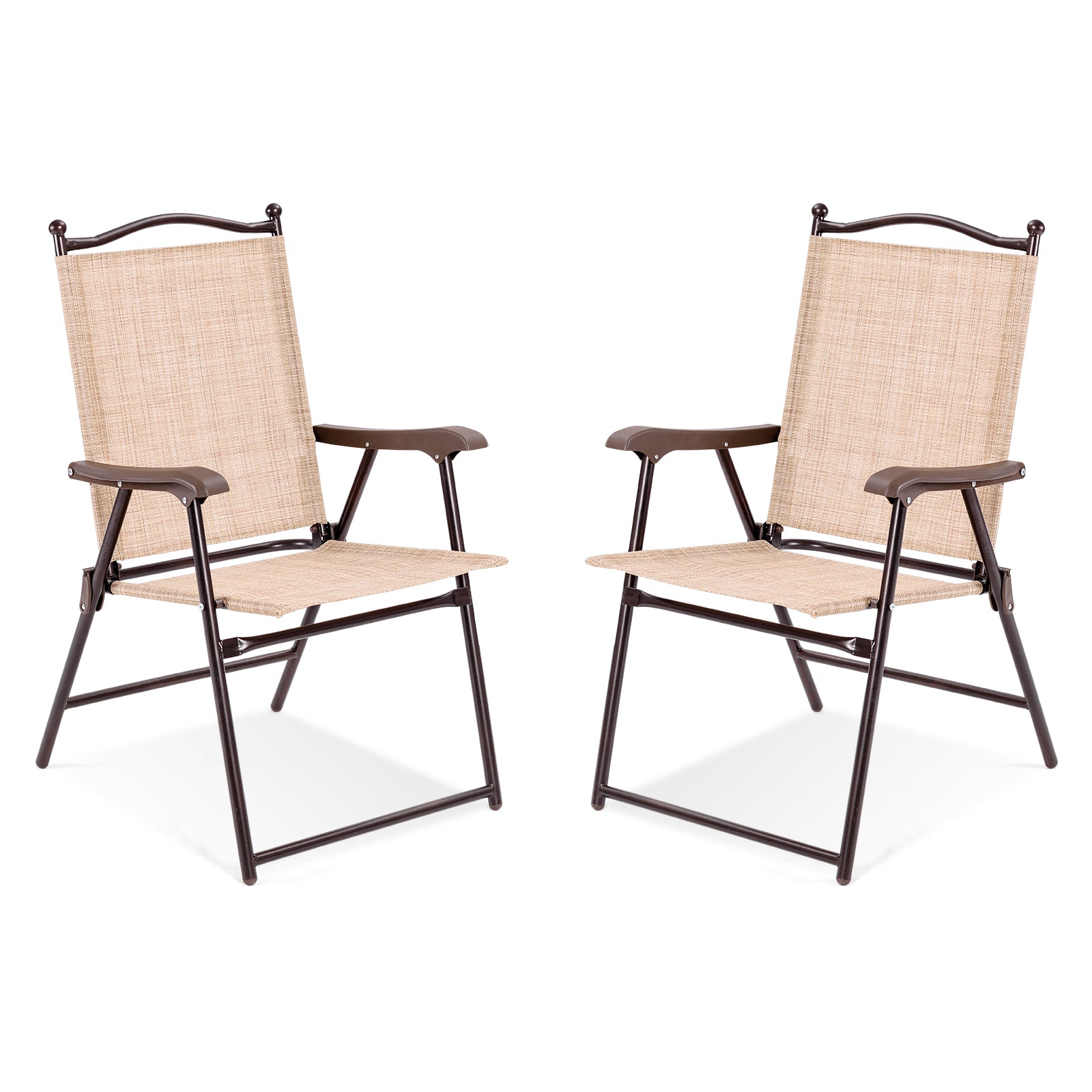 Set of 2 Patio Folding Sling Back Camping Deck Chairs-Black - Beige