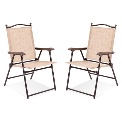 Set of 2 Patio Folding Sling Back Camping Deck Chairs-Black - Beige