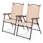 Set of 2 Patio Folding Sling Back Camping Deck Chairs-Beige