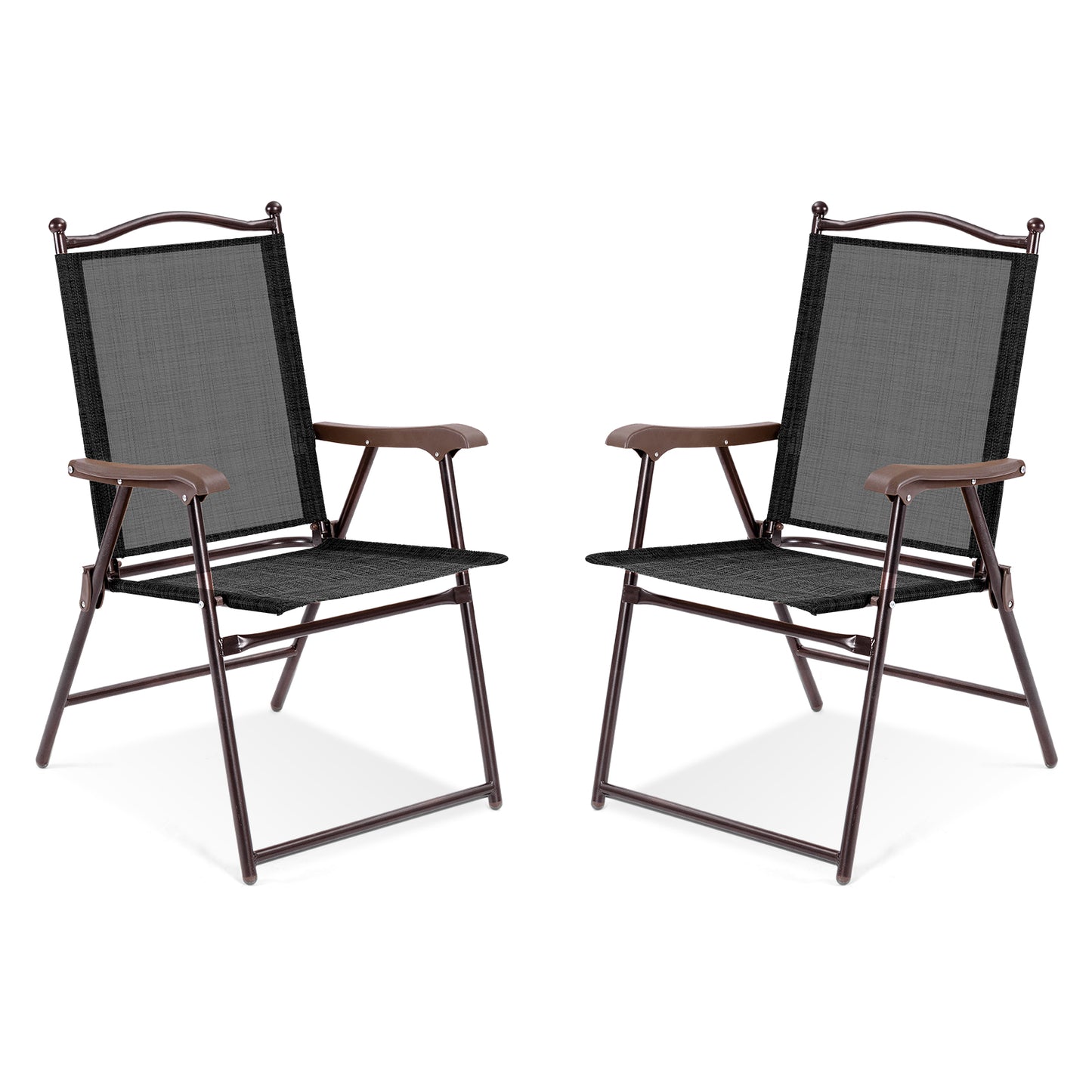 Set of 2 Patio Folding Sling Back Camping Deck Chairs-Black - Brown