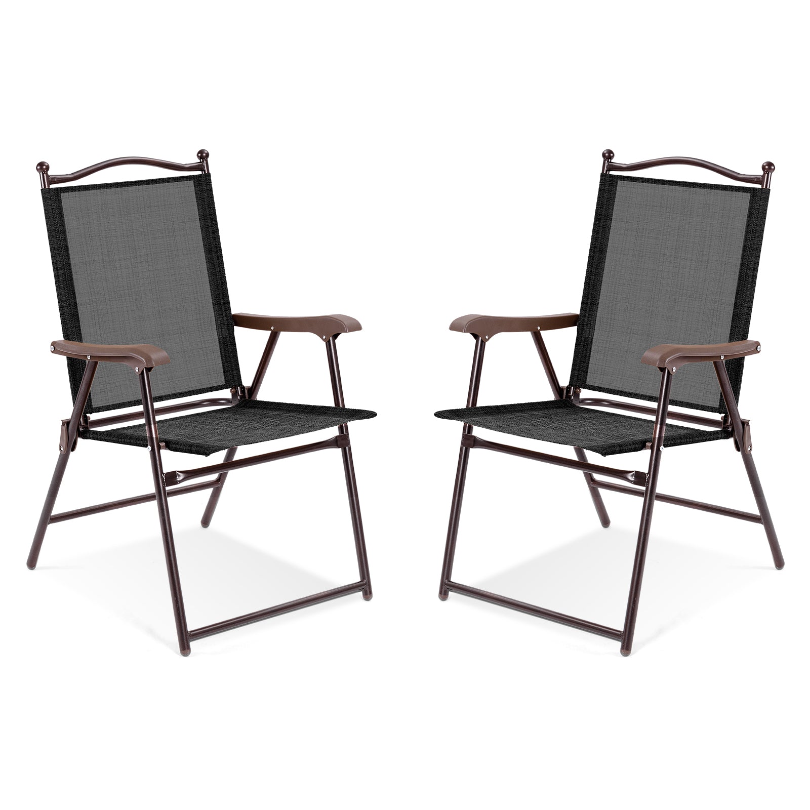 Set of 2 Patio Folding Sling Back Camping Deck Chairs-Black - Brown