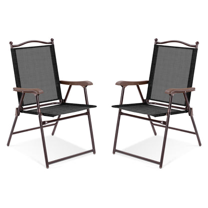 Set of 2 Patio Folding Sling Back Camping Deck Chairs-Black - Brown