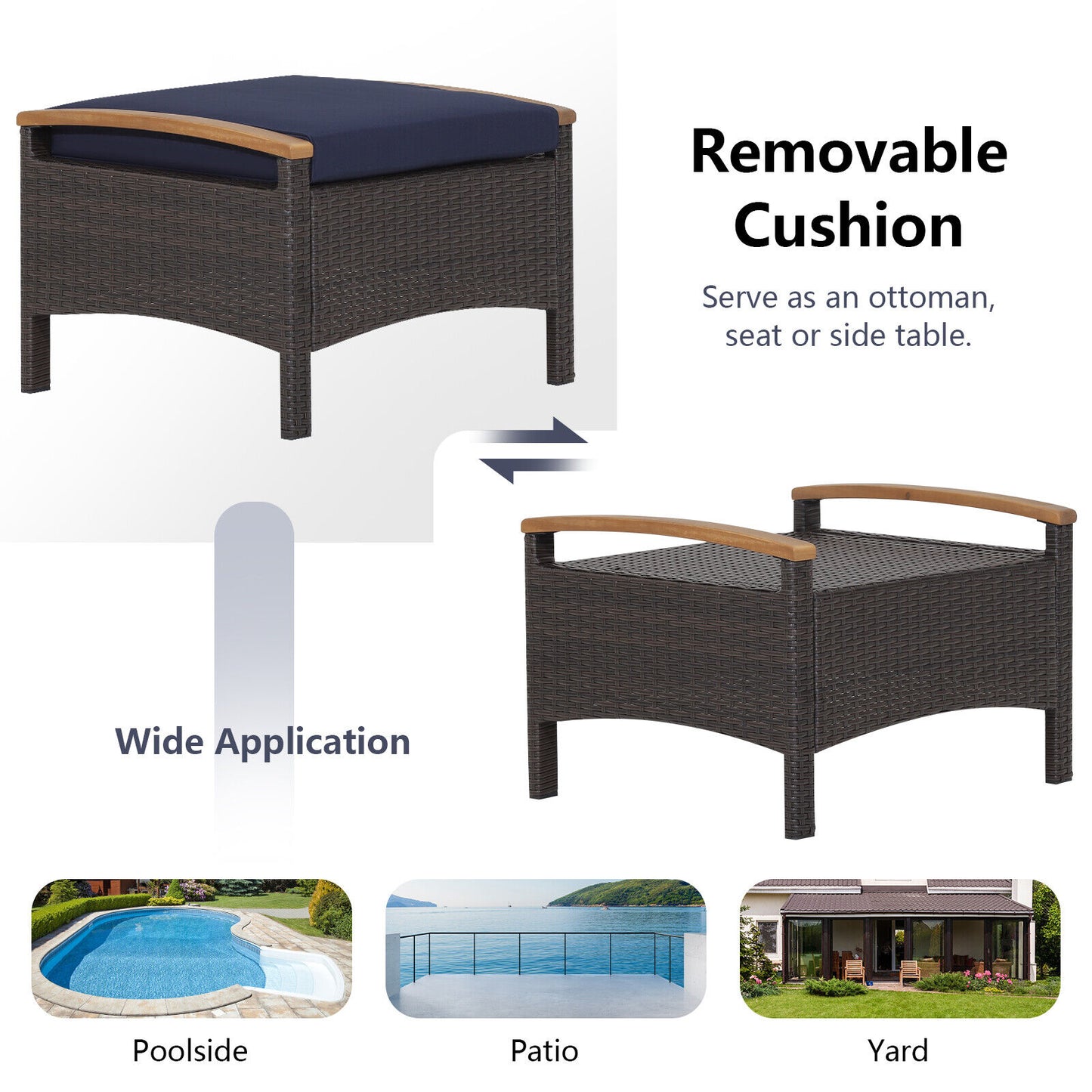 Set of 2 Fade-Resistant Wicker Patio Ottoman-Navy - Navy