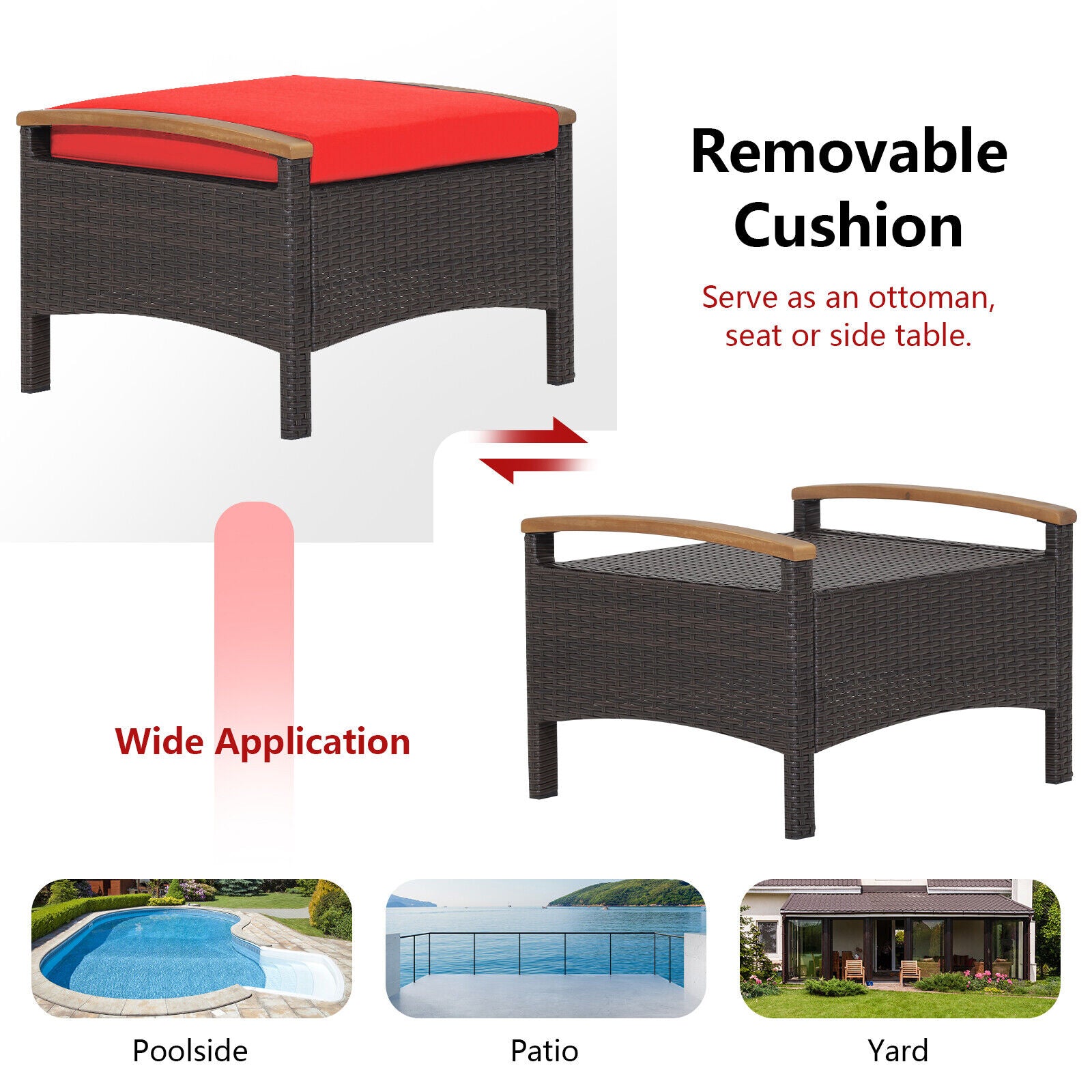 Set of 2 Fade-Resistant Wicker Patio Ottoman-Navy - Red