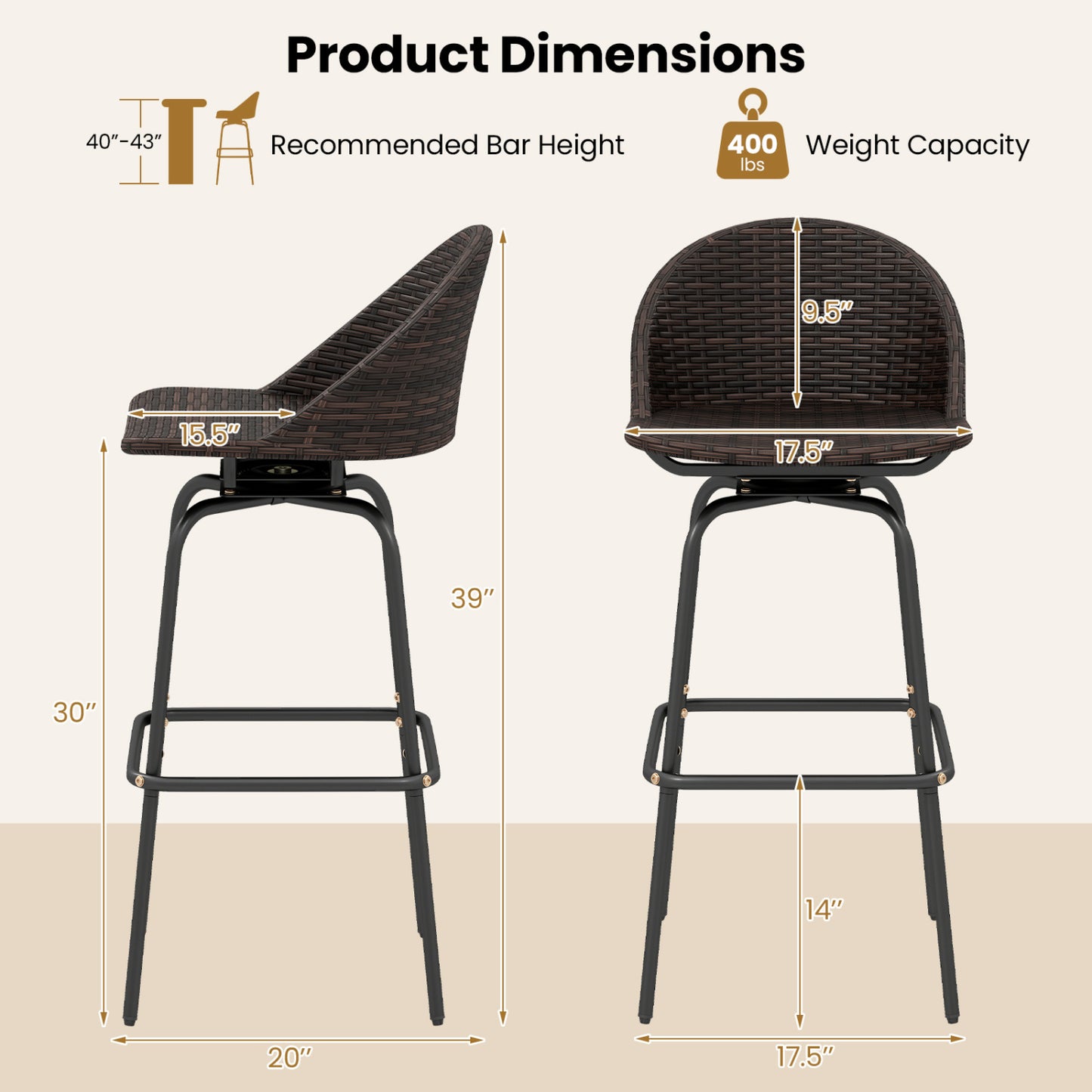 Swivel Patio Bar Stools Set of 2 with Rattan Seat 400 LBS