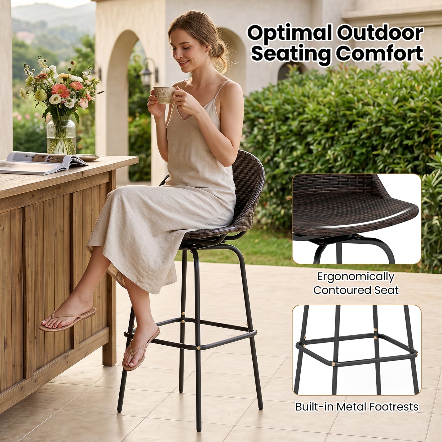 Swivel Patio Bar Stools Set of 2 with Rattan Seat 400 LBS