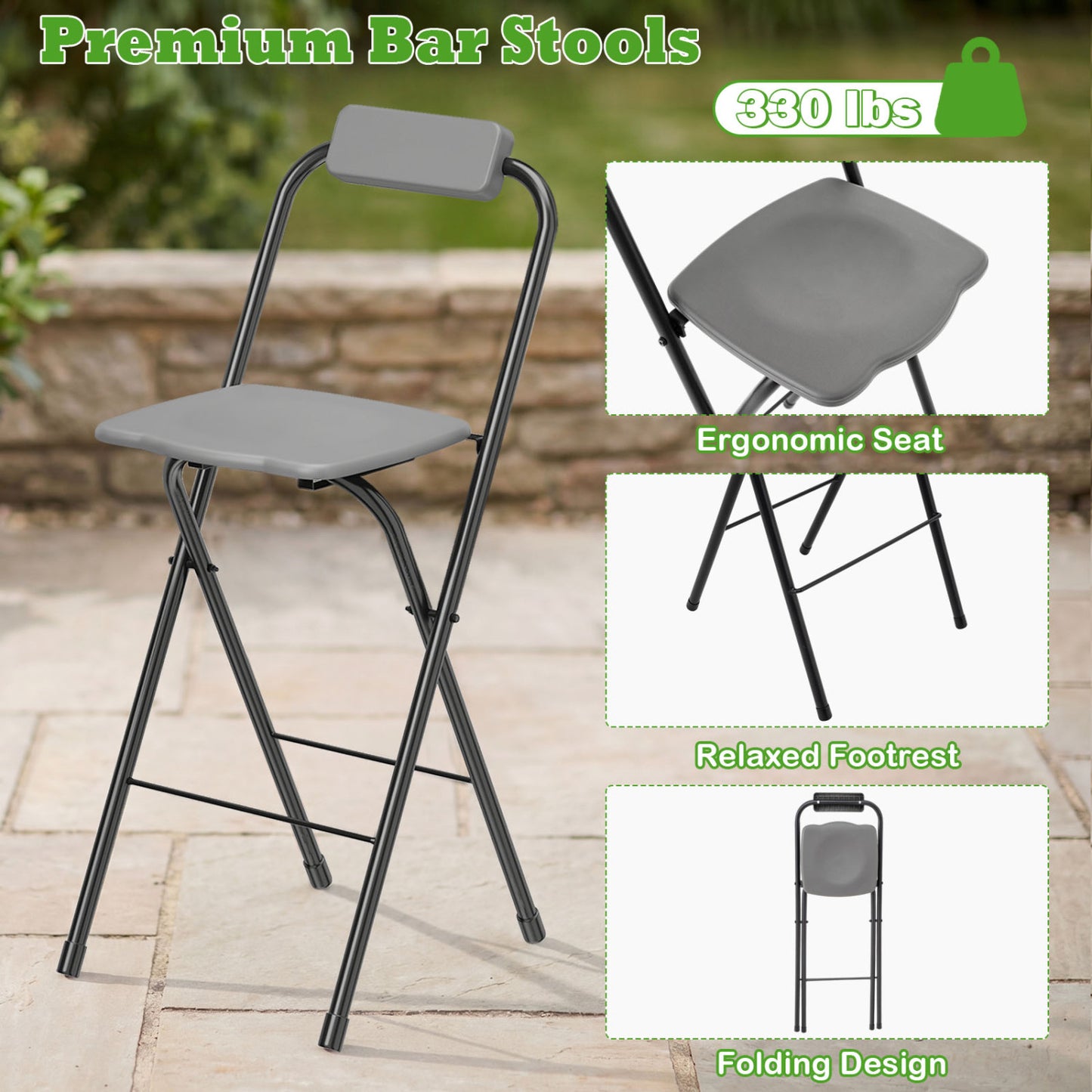 Portable Bar Height Stools Set of 2 with Footrest - Folding
