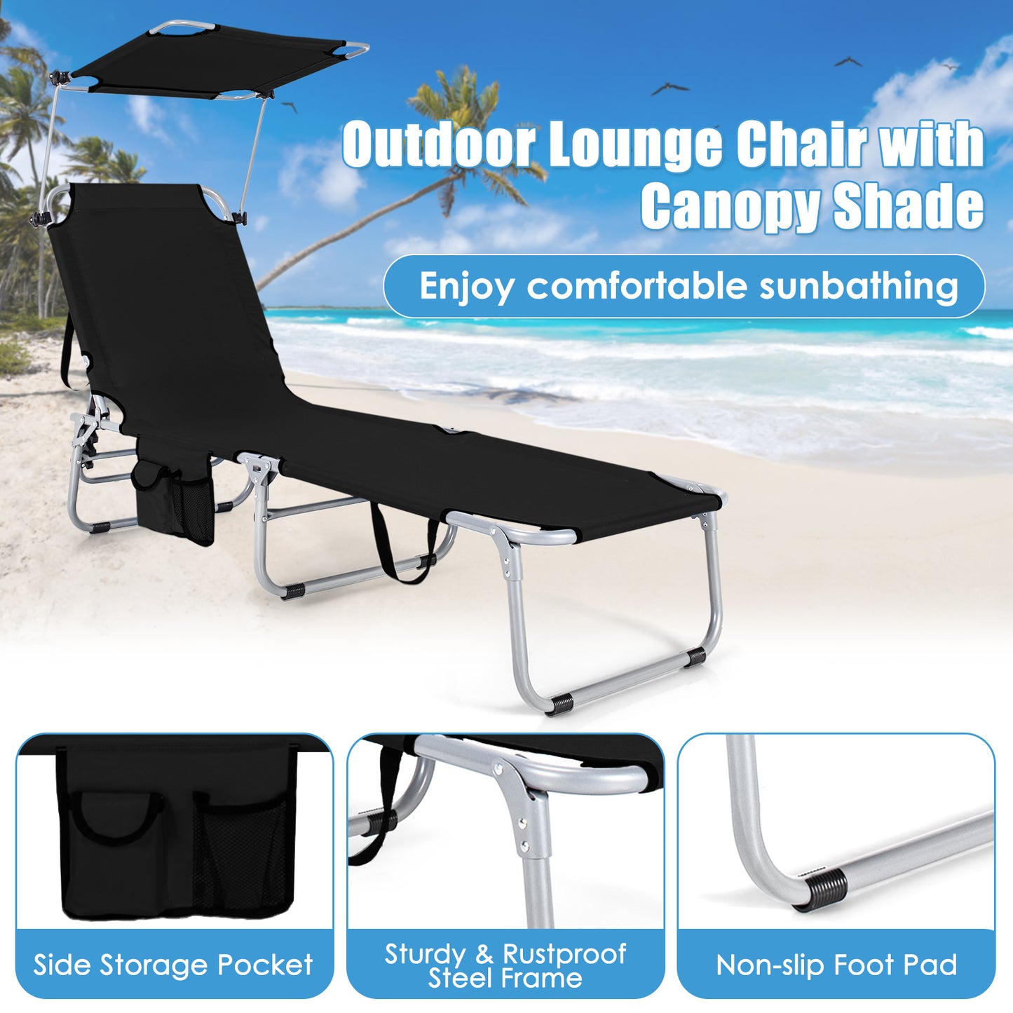 Set of 2 Portable Reclining Chair with 5 Adjustable Positions