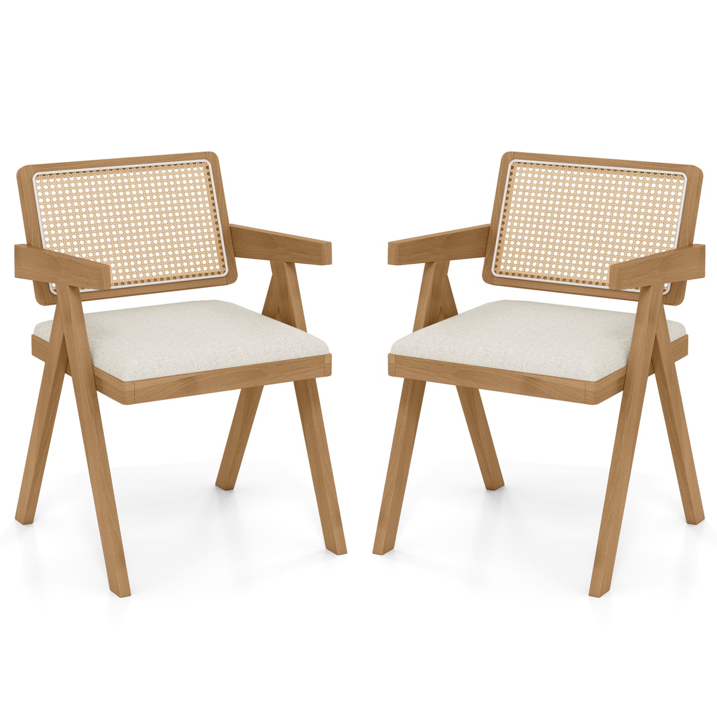 Set of 2 Rattan Accent Chairs with Padded Cushion and Rubber Wood Frame-Beige - Beige