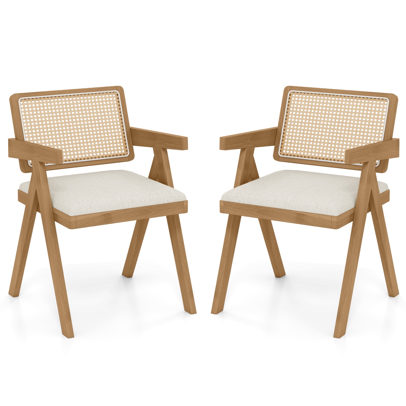 Set of 2 Rattan Accent Chairs with Padded Cushion and Rubber Wood Frame-Beige - Beige