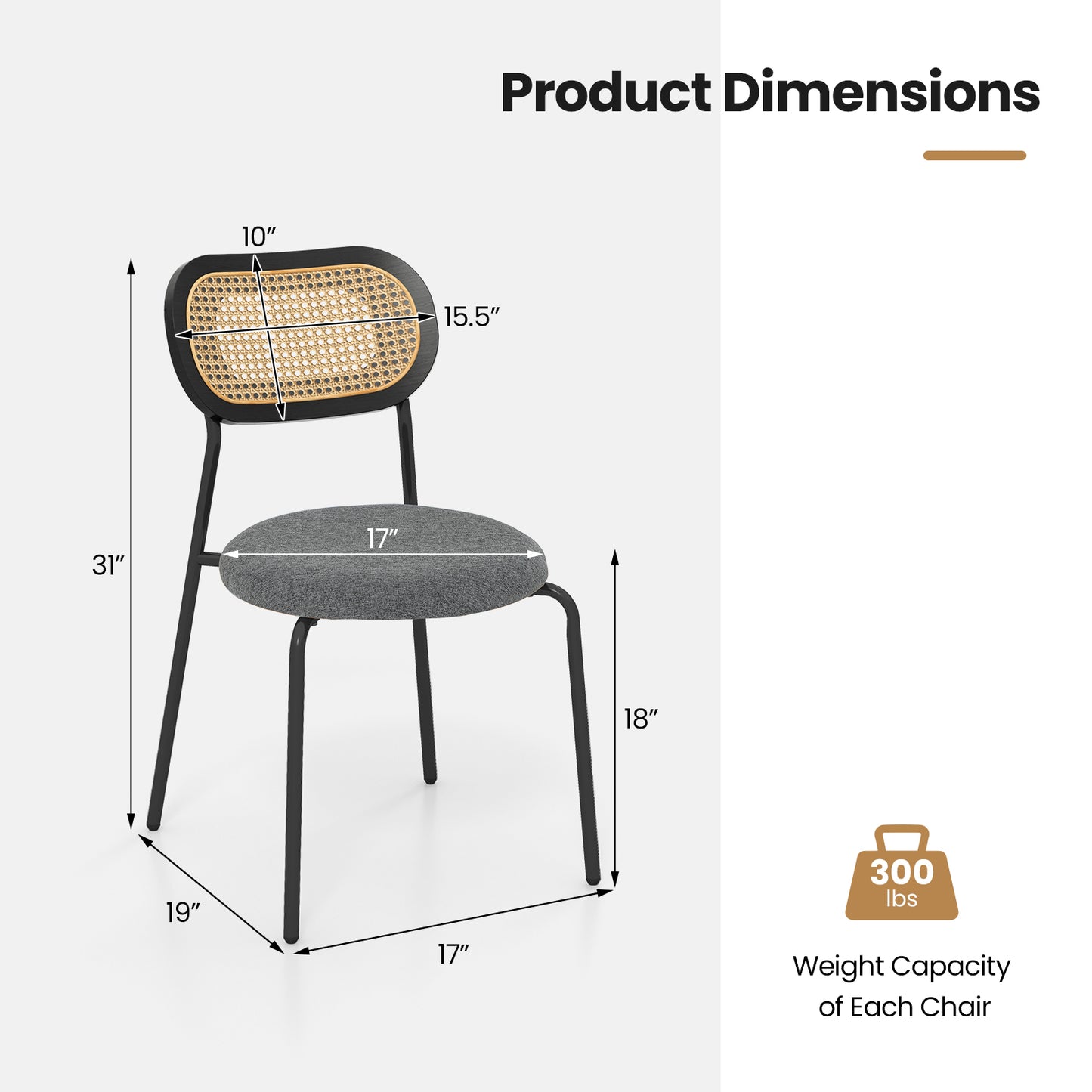 Set of 2 Rattan Dining Chair with Metal Legs-Gray