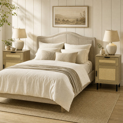Rattan Nightstand Set of 2 with Drawer and Storage Cabinet