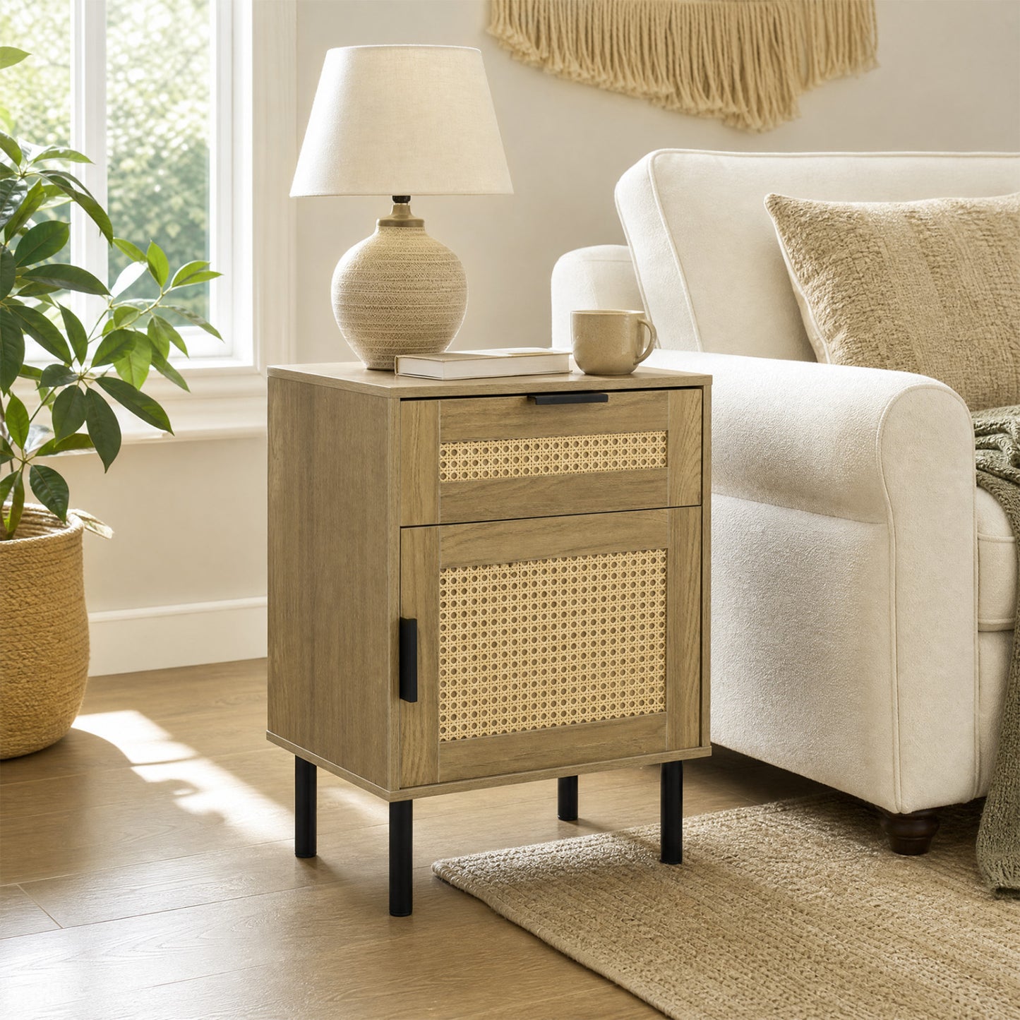 Rattan Nightstand Set of 2 with Drawer and Storage Cabinet
