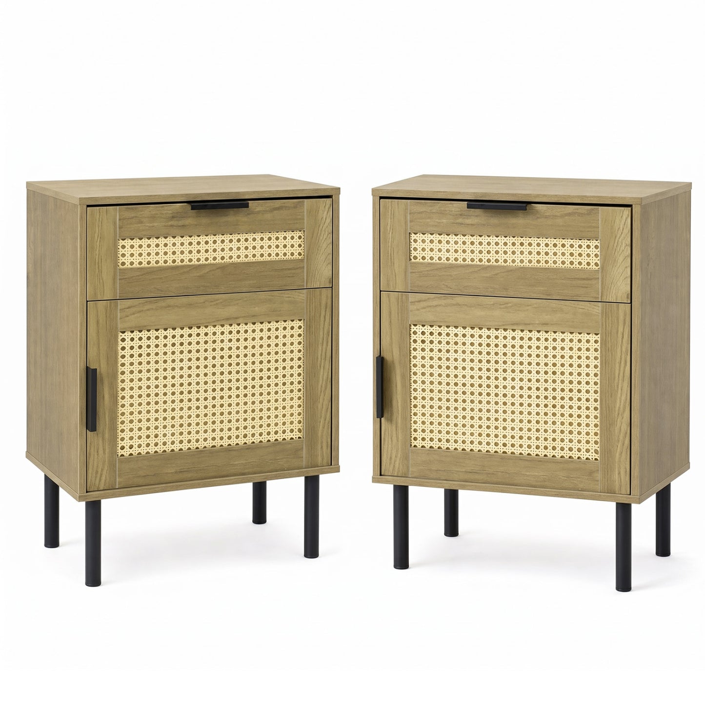 Rattan Nightstand Set of 2 with Drawer and Storage Cabinet