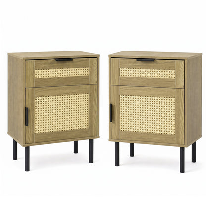 Rattan Nightstand Set of 2 with Drawer and Storage Cabinet