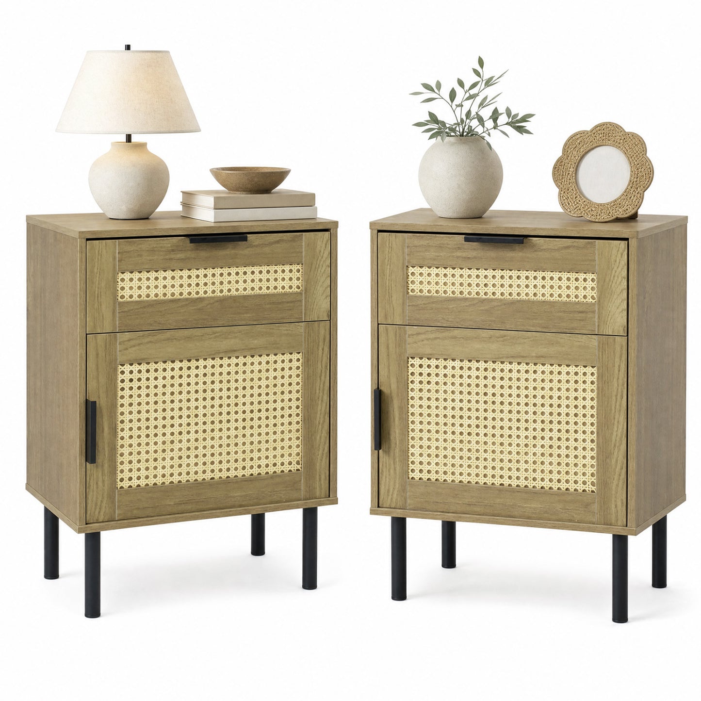 Rattan Nightstand Set of 2 with Drawer and Storage Cabinet