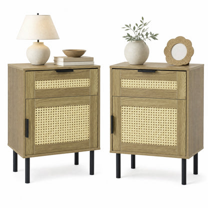 Rattan Nightstand Set of 2 with Drawer and Storage Cabinet