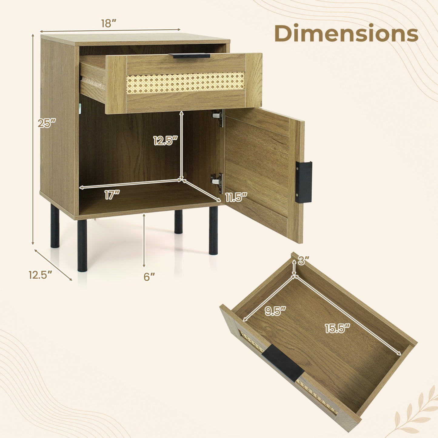 Rattan Nightstand Set of 2 with Drawer and Storage Cabinet